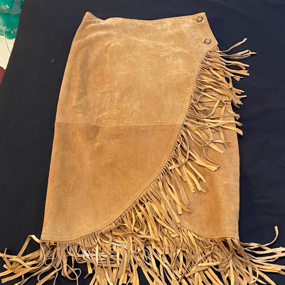 Suede Tan Fringe Wrap Pencil Skirt